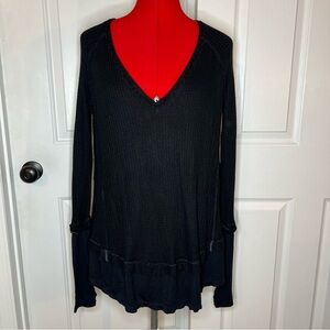Free People Laguna Thermal Top Black Waffle Knit V Neck Raw Edge NWT Women XS